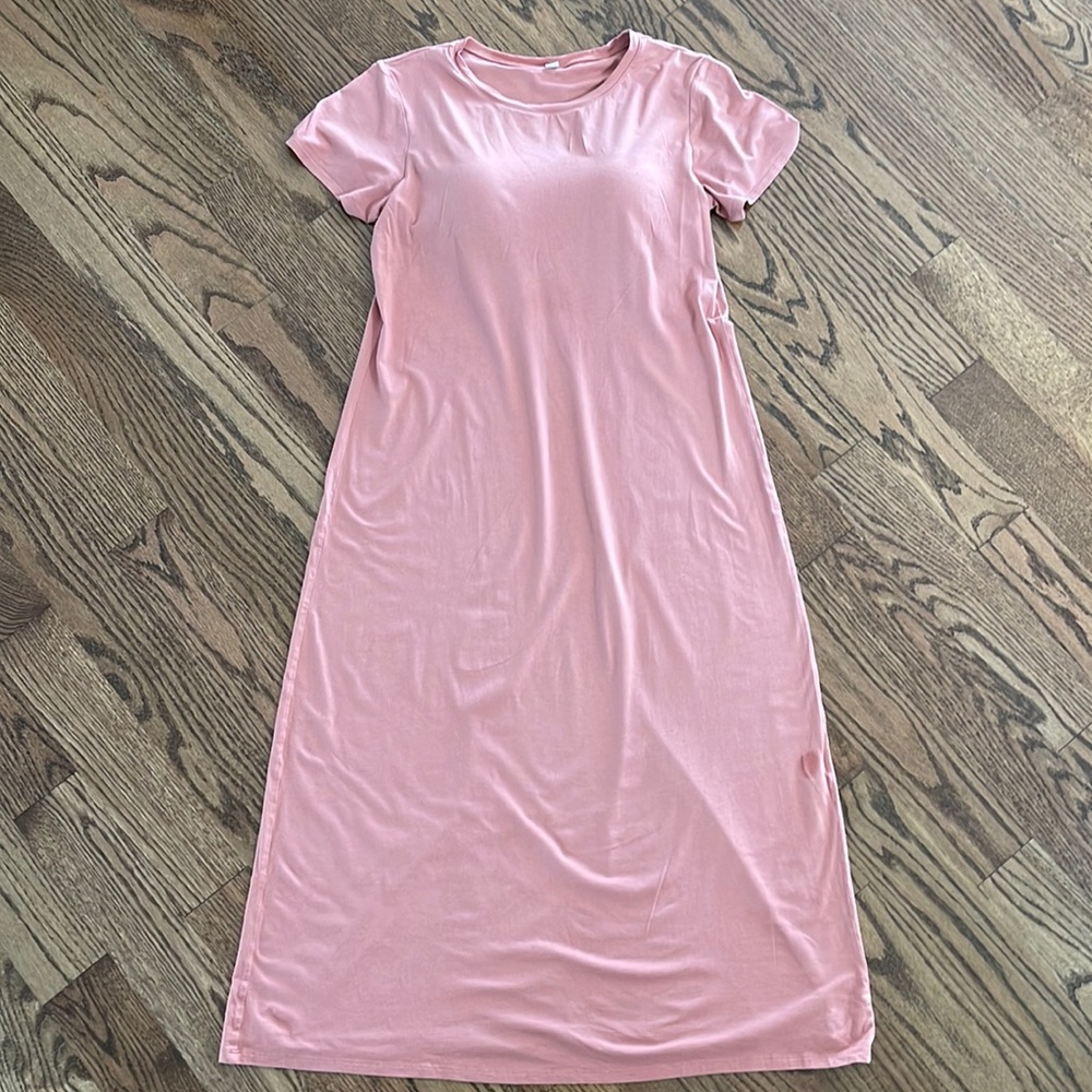 UNI QLO WOMEN SHORT-SLEEVE LONG BRA DRESS in Light Orange/Light Pink